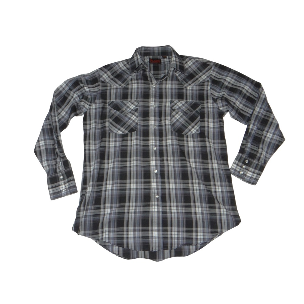 Plains Western Wear Mens Black Grey Plaid Pearl Snap Long Sleeve Shirt Medium